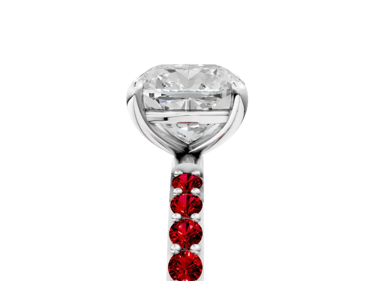 Cushion Cut Diamond Solitaire Ring with Round Ruby Pavé Band and Prong Setting Silver