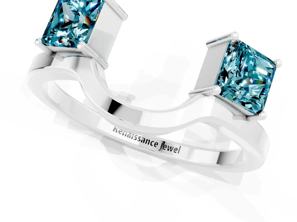 Princess Cut Blue Topaz Two-Stone Open Band Ring with Four-Prong Setting Silver
