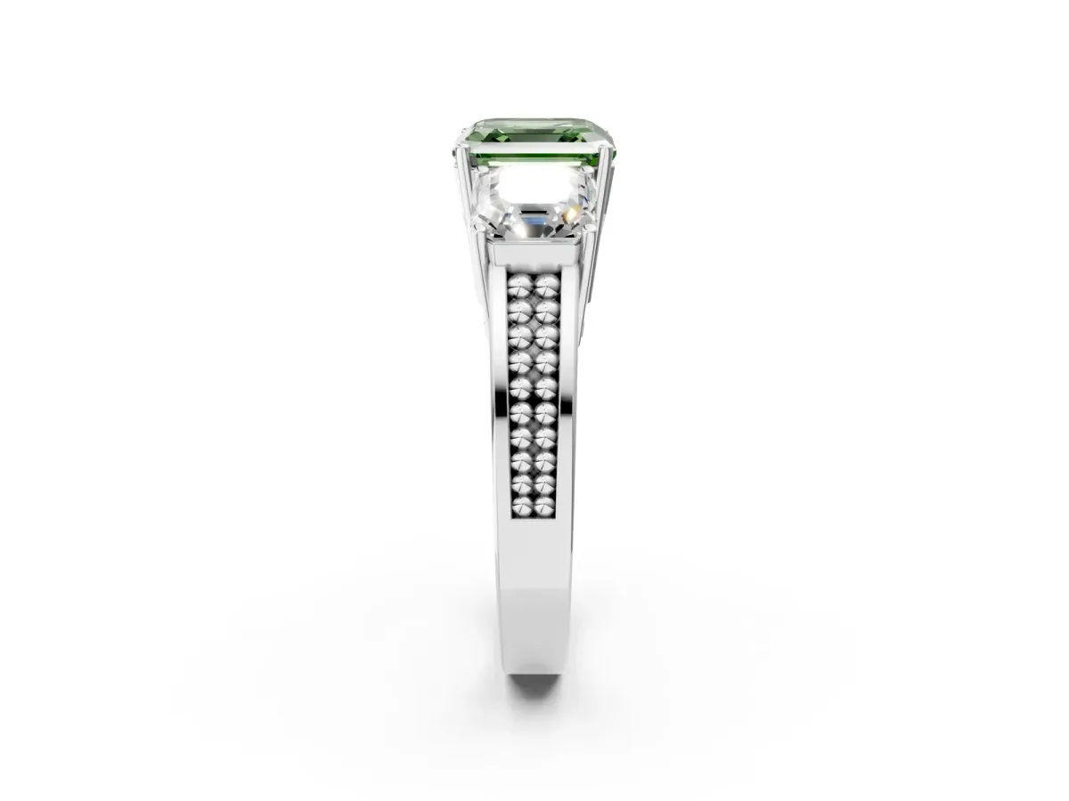 Fancy Green Asscher Cut Diamond Three-Stone Ring with Prong Setting and Textured Band Platinum