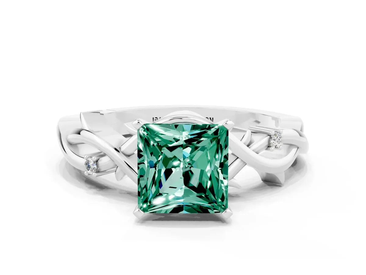 Princess Cut Green Sapphire Solitaire Ring with Twisted Band and Prong Setting Silver