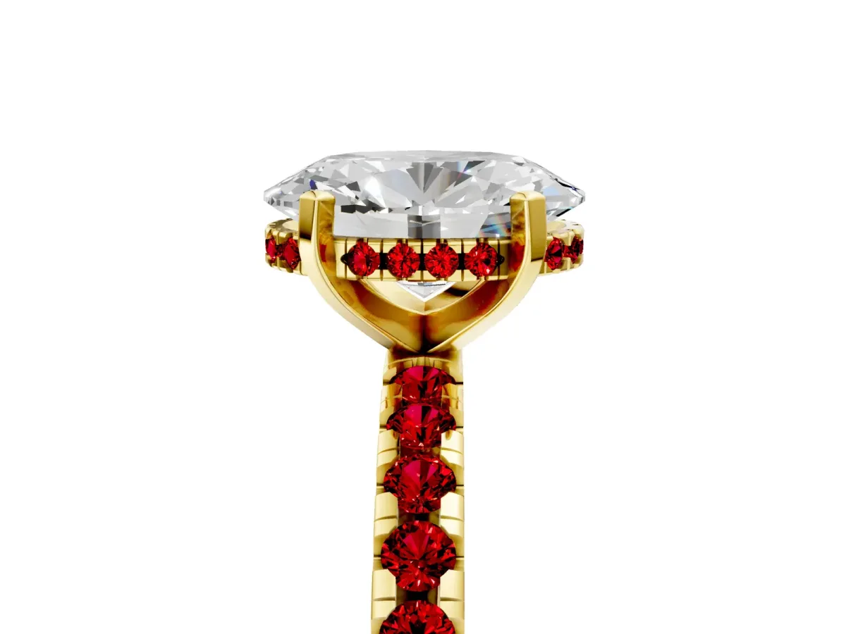 Oval Cut Diamond Solitaire Ring with Round Ruby Pavé Band and Four-Prong Setting Yellow gold