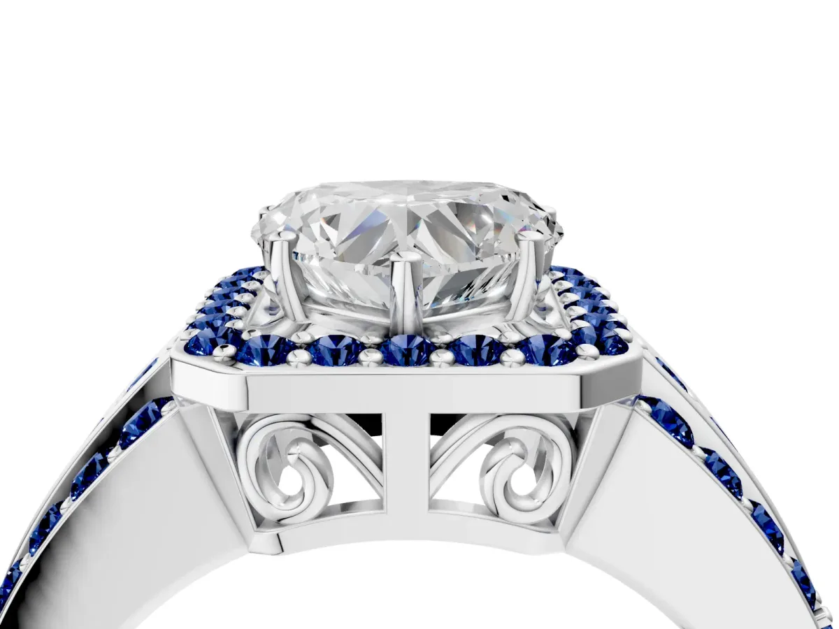 Heart Cut Halo Diamond Ring with Round Blue Sapphire Split Shank and Prong Setting Silver