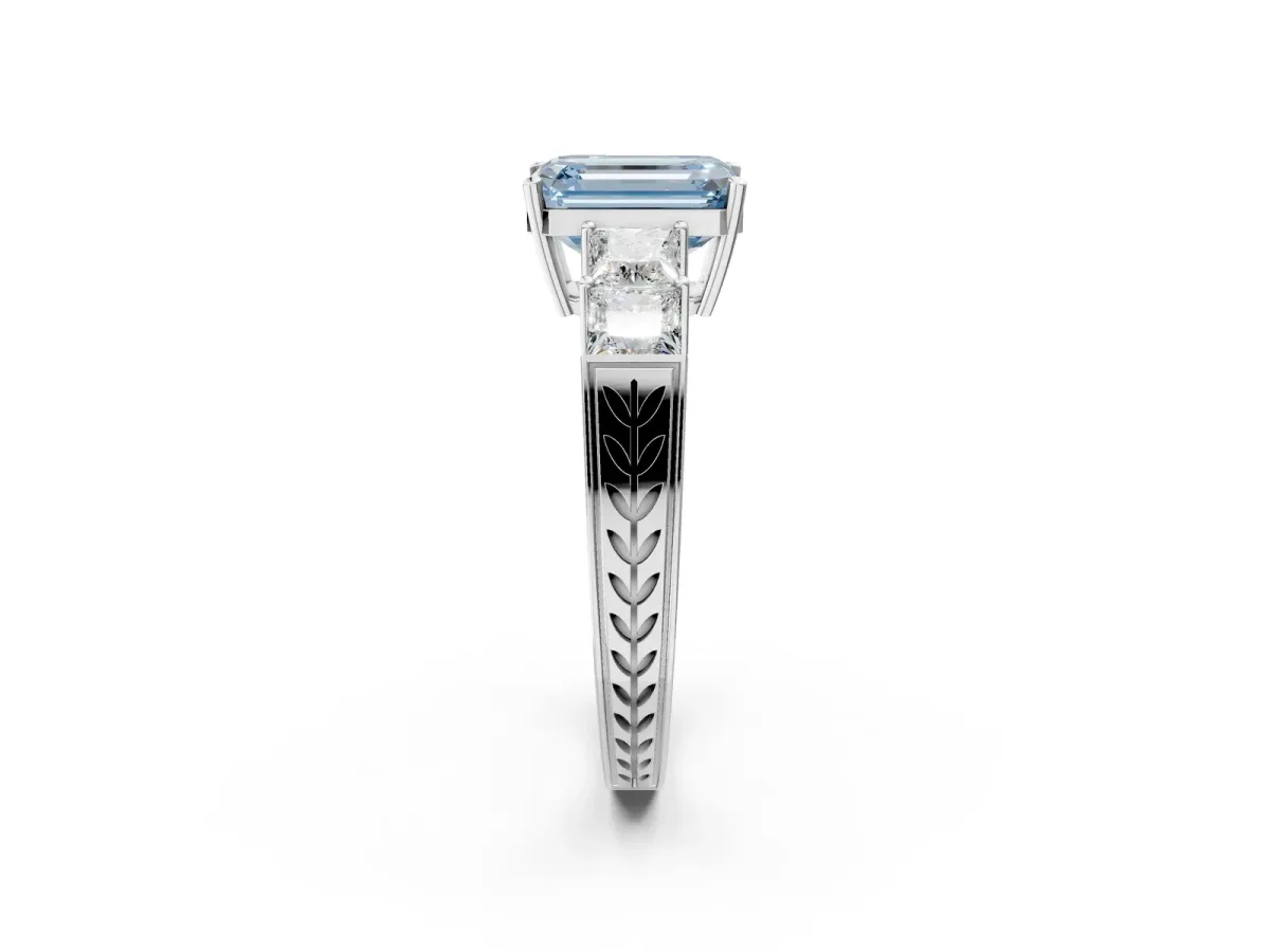 Fancy Blue Emerald Cut Solitaire Princess Side Stone Engraved Band Prong Setting Ring Silver