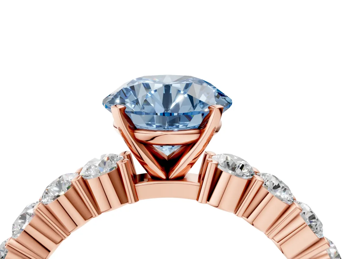 Fancy Blue Round Cut Diamond Solitaire Ring with Shared Prong Round Side Stones Rose gold