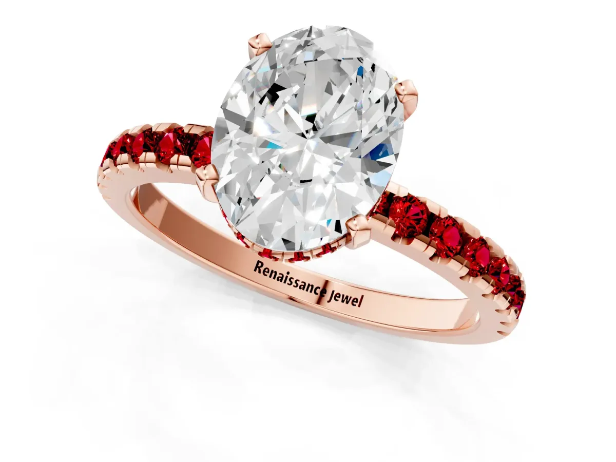 Oval Cut Diamond Solitaire Ring with Round Ruby Pavé Band and Four-Prong Setting Rose gold