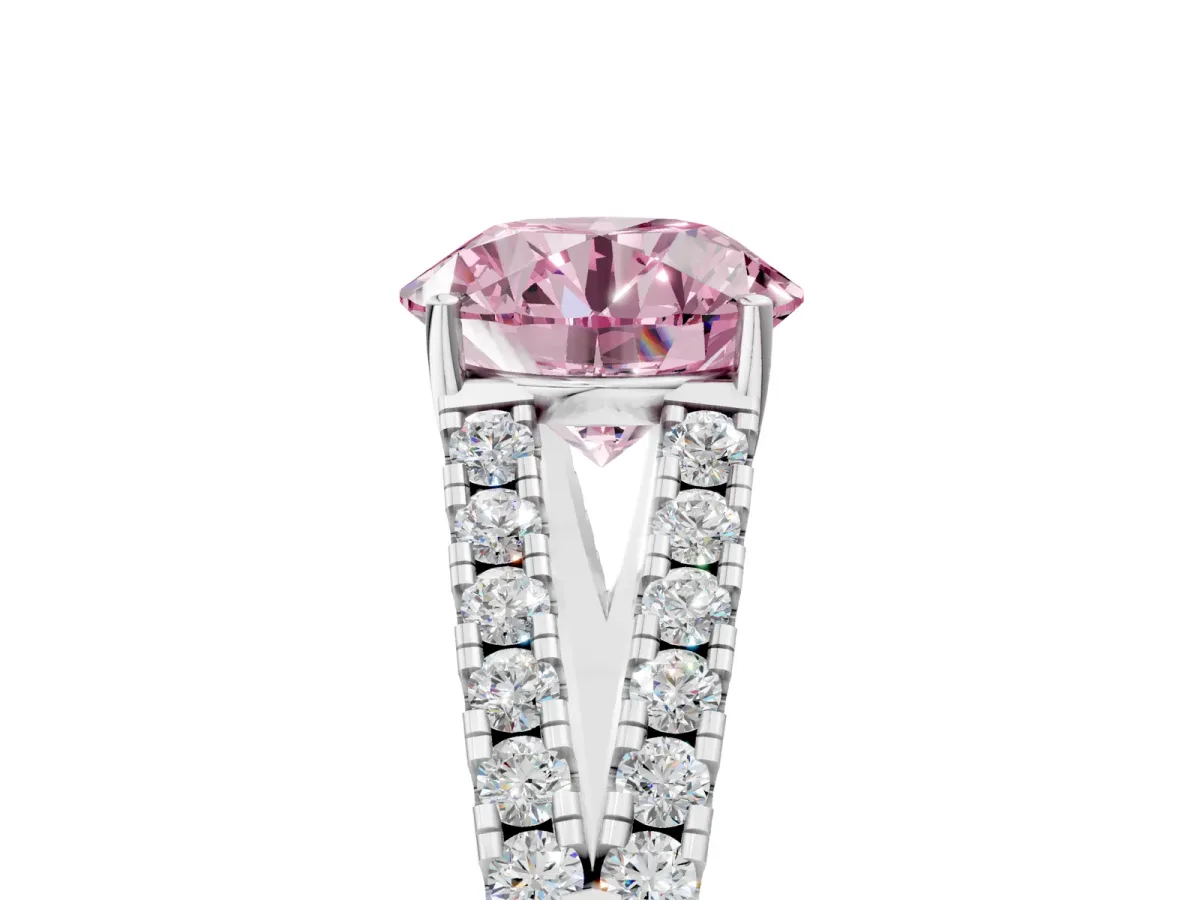 Fancy Pink Round Cut Diamond Split Shank Engagement Ring with Round Pavé and Prong Setting Platinum