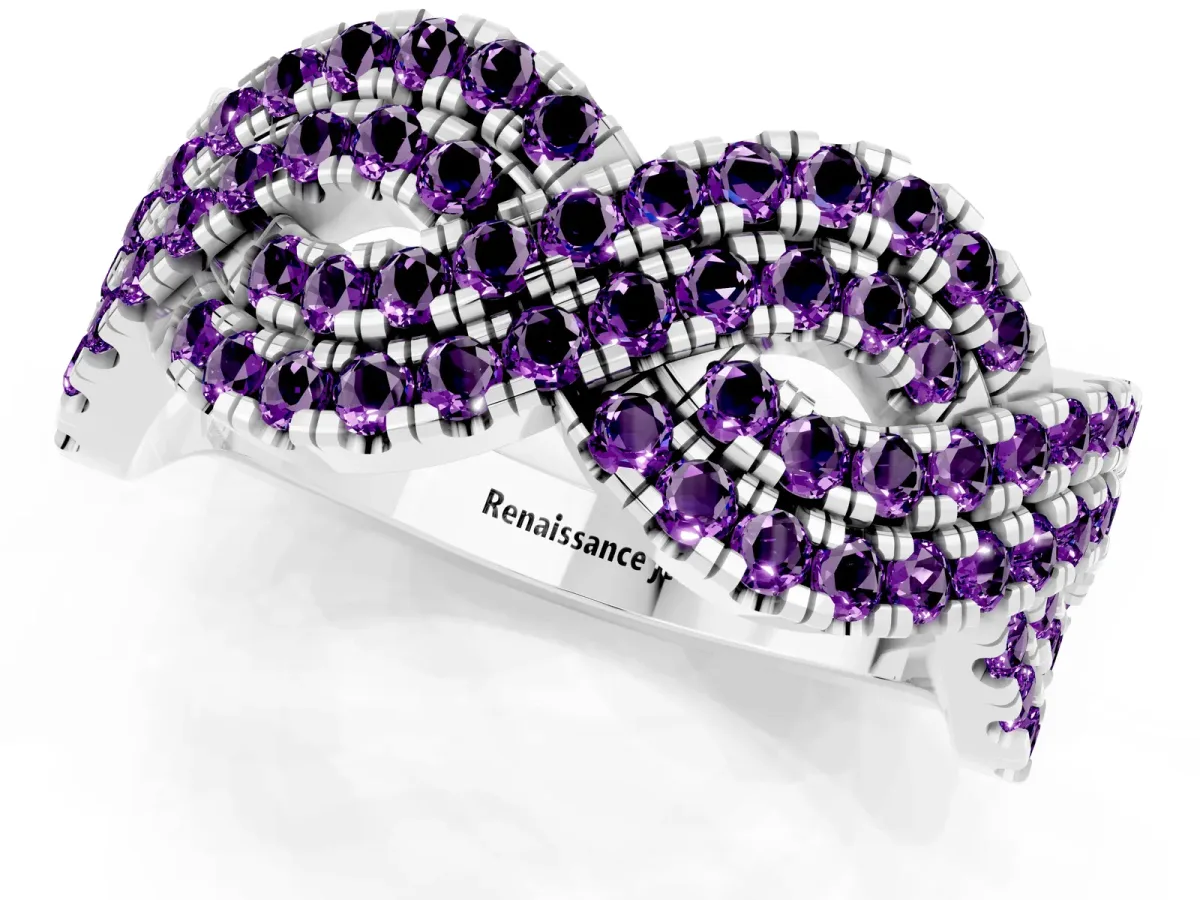 Pavé Round Amethyst Infinity Twist Band with Shared Prong Setting Silver