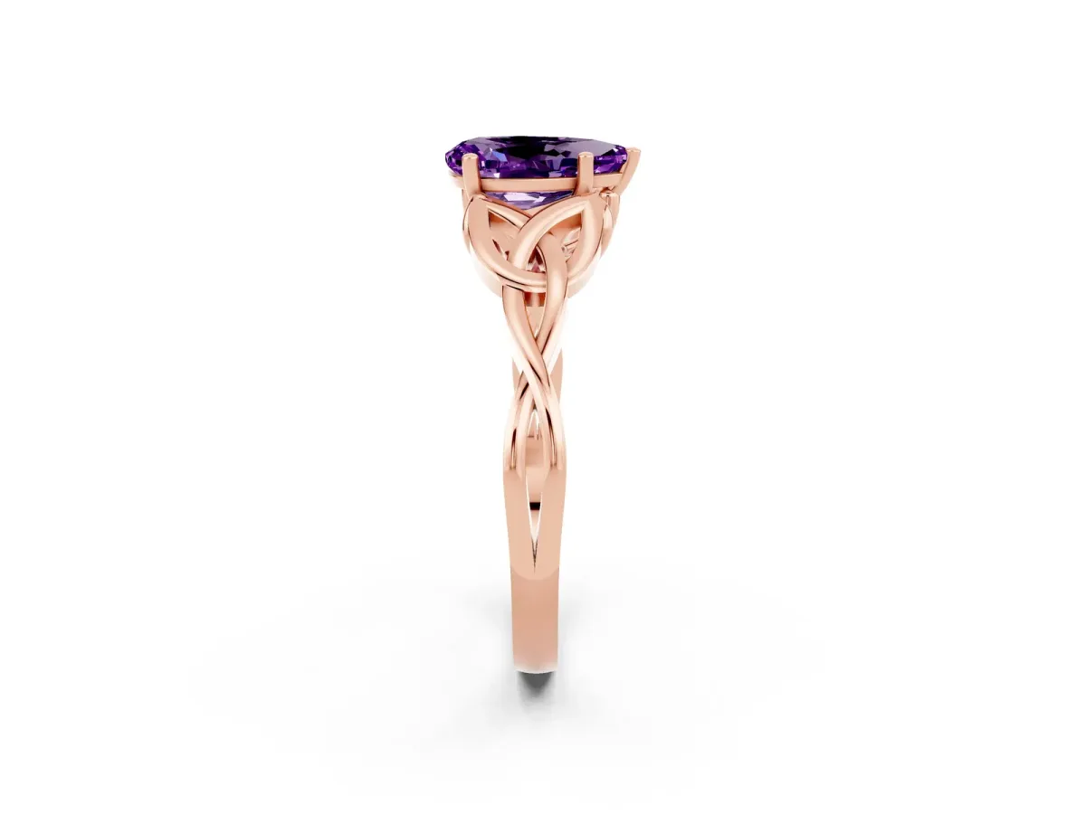 Pear Cut Amethyst Solitaire Celtic Knot Ring with Four-Prong Setting Rose gold