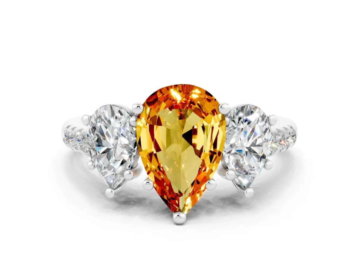 Three-Stone Pear Cut Citrine Ring with Round Pavé Band and Prong Setting Silver