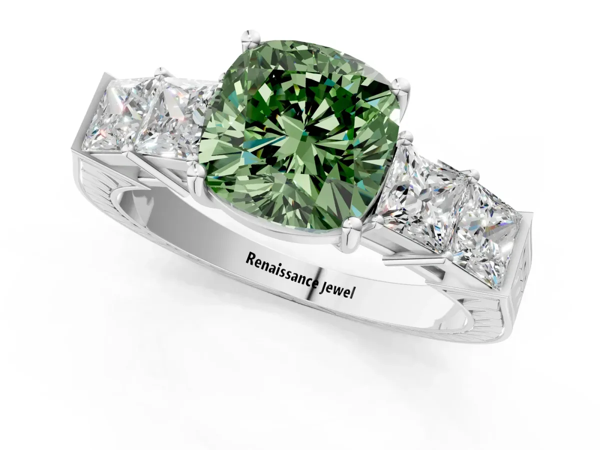 Fancy Green Cushion Cut Solitaire Princess Side Stone Engraved Band Prong Setting Ring Platinum