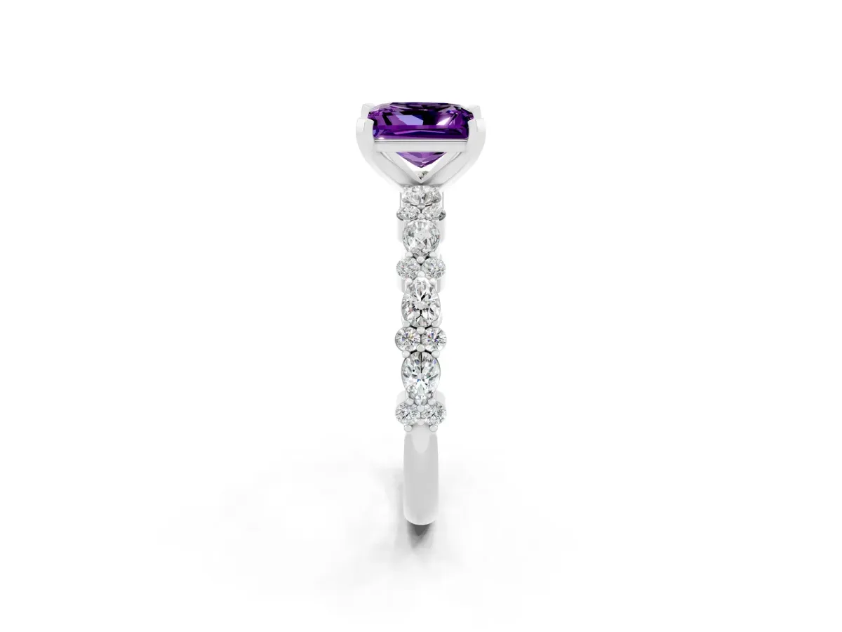 Princess Cut Amethyst Side Stone Solitaire Ring with Round and Four-Prong Setting Silver
