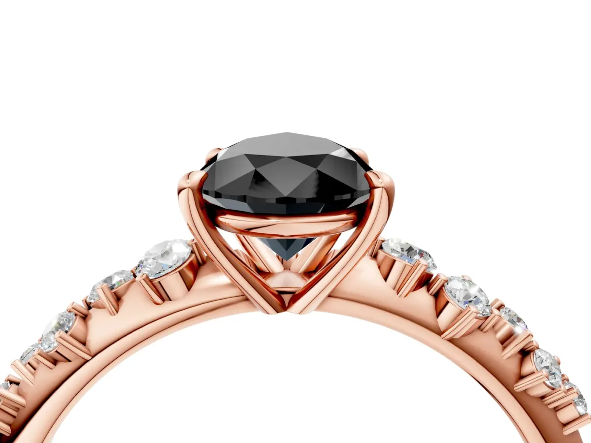 Fancy Black Pear Cut Diamond Cluster Side Stone Solitaire Ring with Prong Setting Rose gold