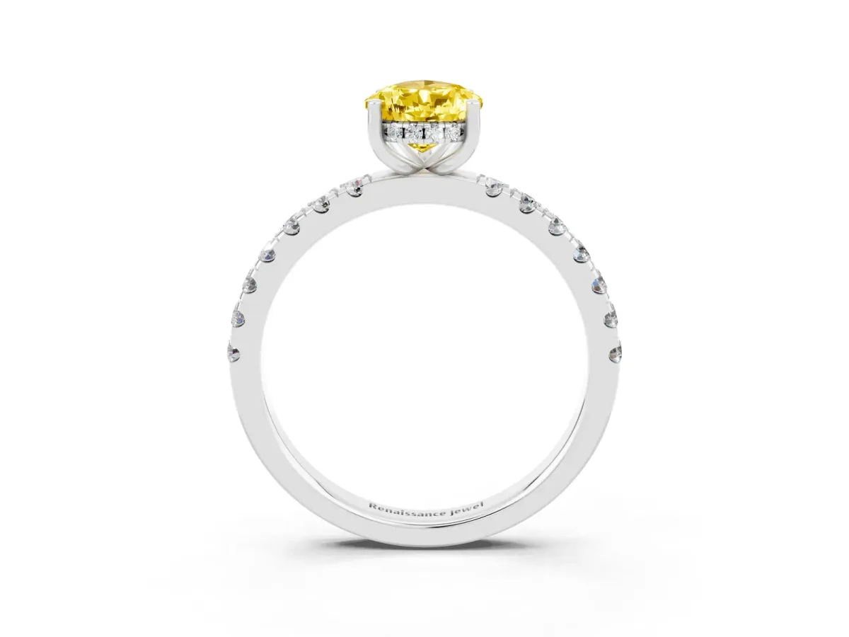 Pear Cut Yellow Sapphire Pave Band Solitaire Ring with Round and Prong Setting Silver