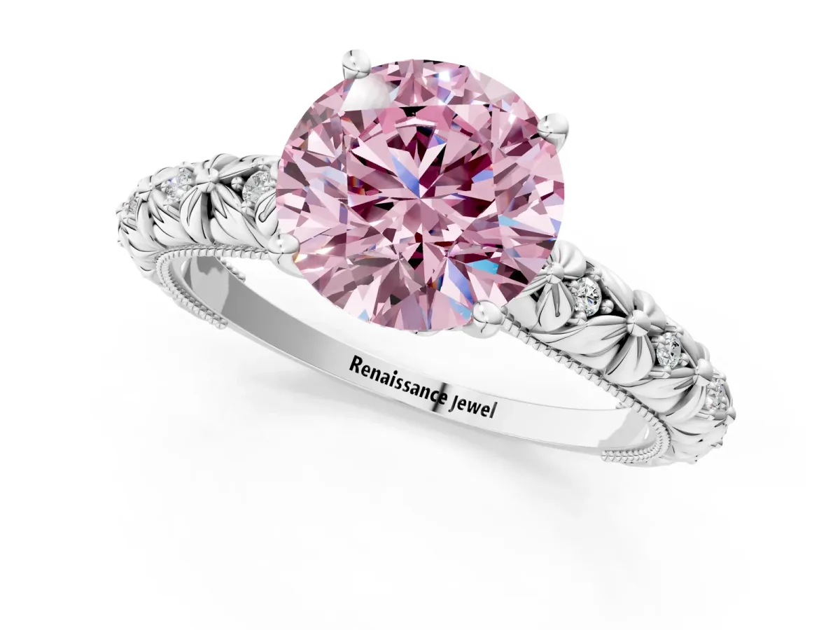 Fancy Pink Round Cut Solitaire Floral Milgrain Engagement Ring Silver