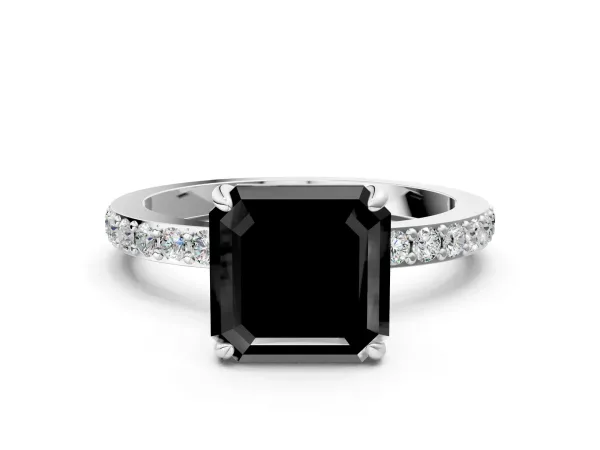 Fancy Black Asscher Cut Diamond Solitaire Engagement Ring with Pavé Band and Four-Prong Setting Platinum