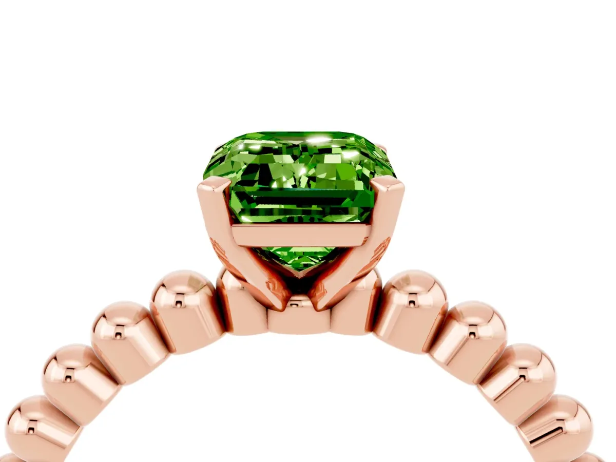Emerald Cut Peridot Solitaire Ring with Beaded Band and Prong Setting Rose gold