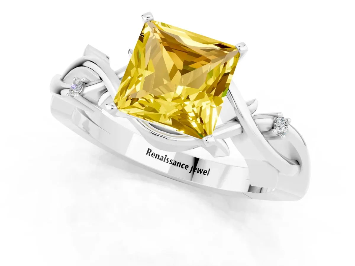 Princess Cut Yellow Sapphire Solitaire Ring with Twisted Band and Prong Setting Silver