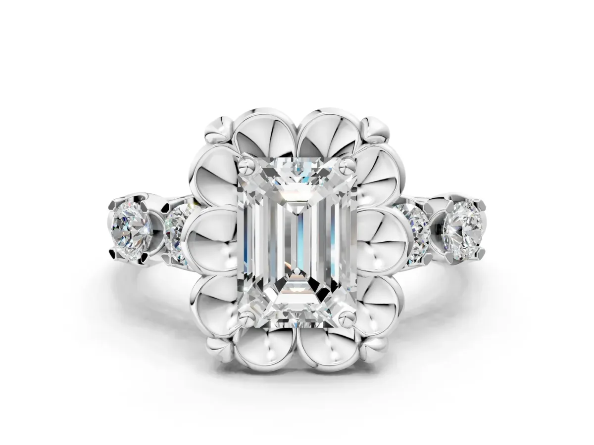 Emerald Cut Cut Diamond Floral Halo Engagement Ring with Shared Prong Setting Silver