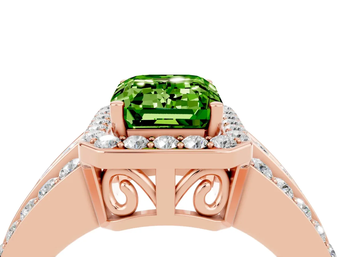 Emerald Cut Halo Peridot Ring with Round Split Shank and Prong Setting Rose gold