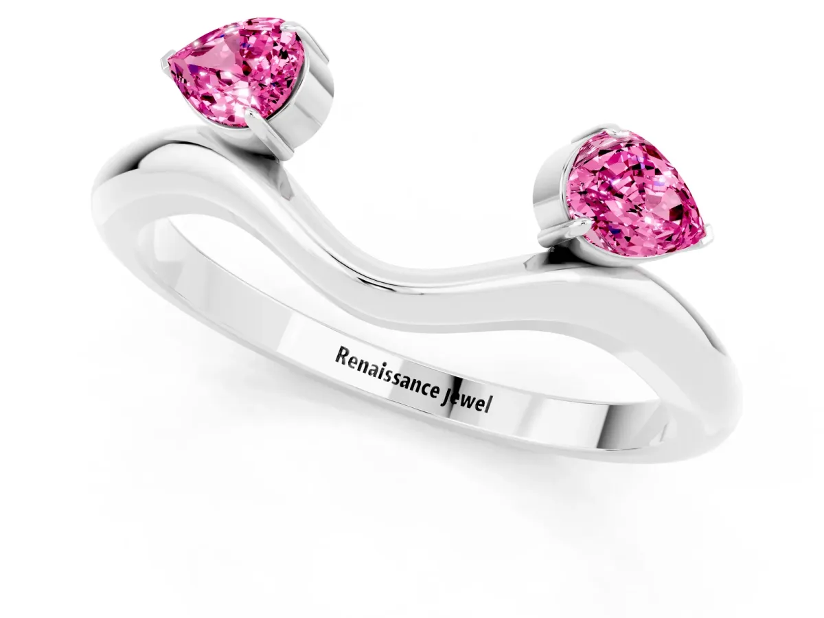 Pear Cut Pink Sapphire Two-Stone Open Band Ring with Prong Setting Silver