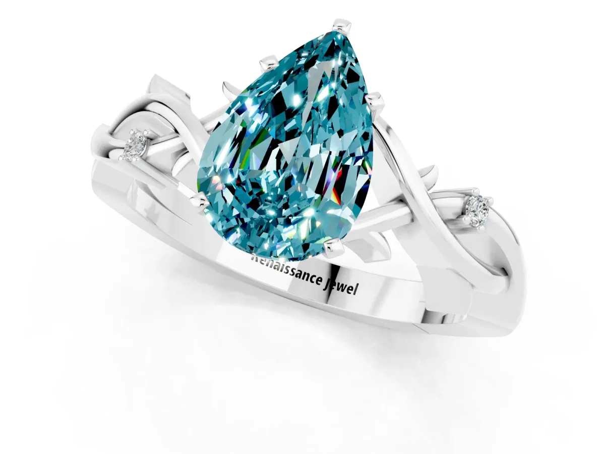 Pear Cut Blue Topaz Solitaire Ring with Twisted Band and Prong Setting Platinum