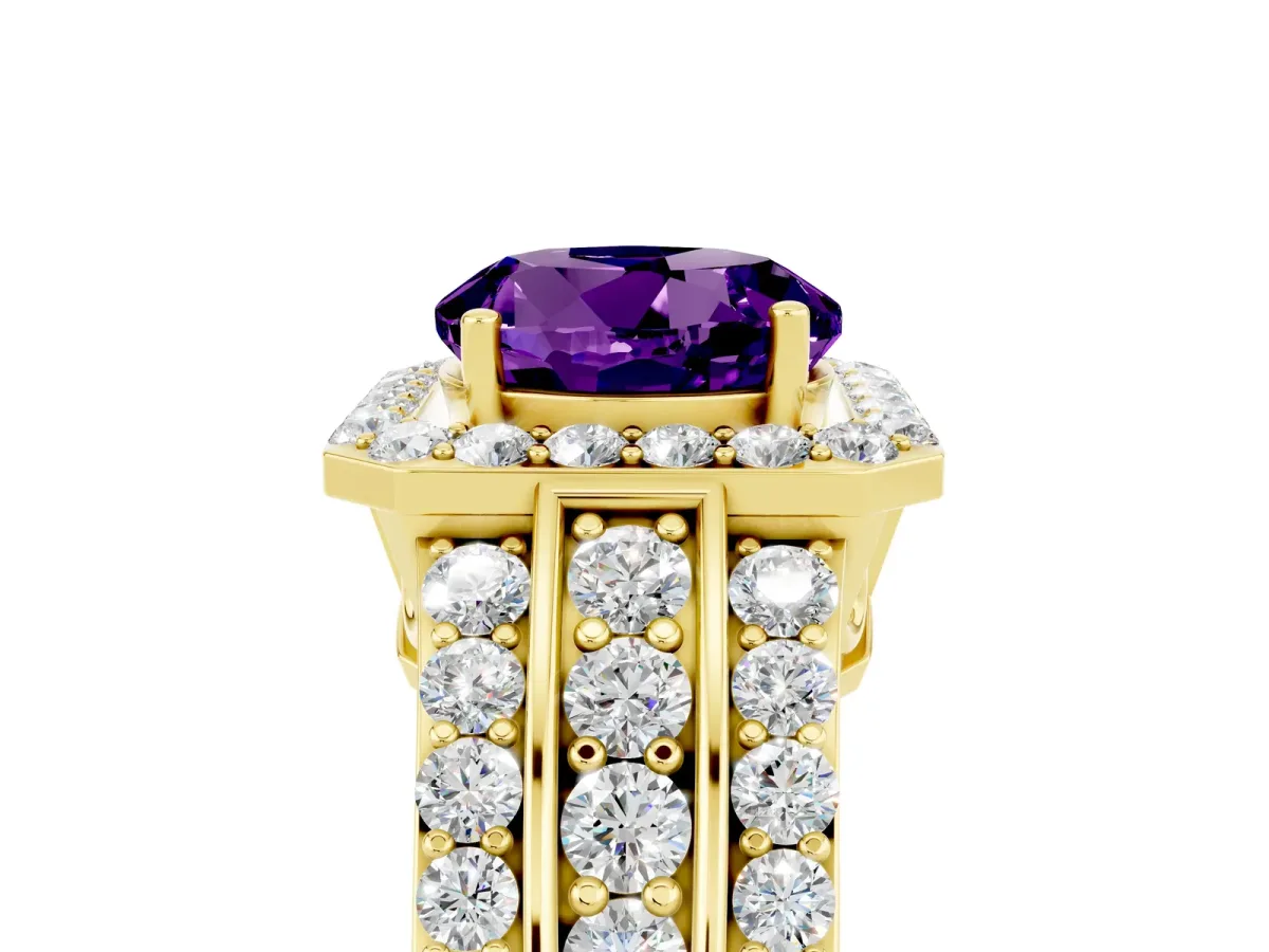 Round Cut Halo Amethyst Ring with Round Split Shank and Prong Setting Yellow gold