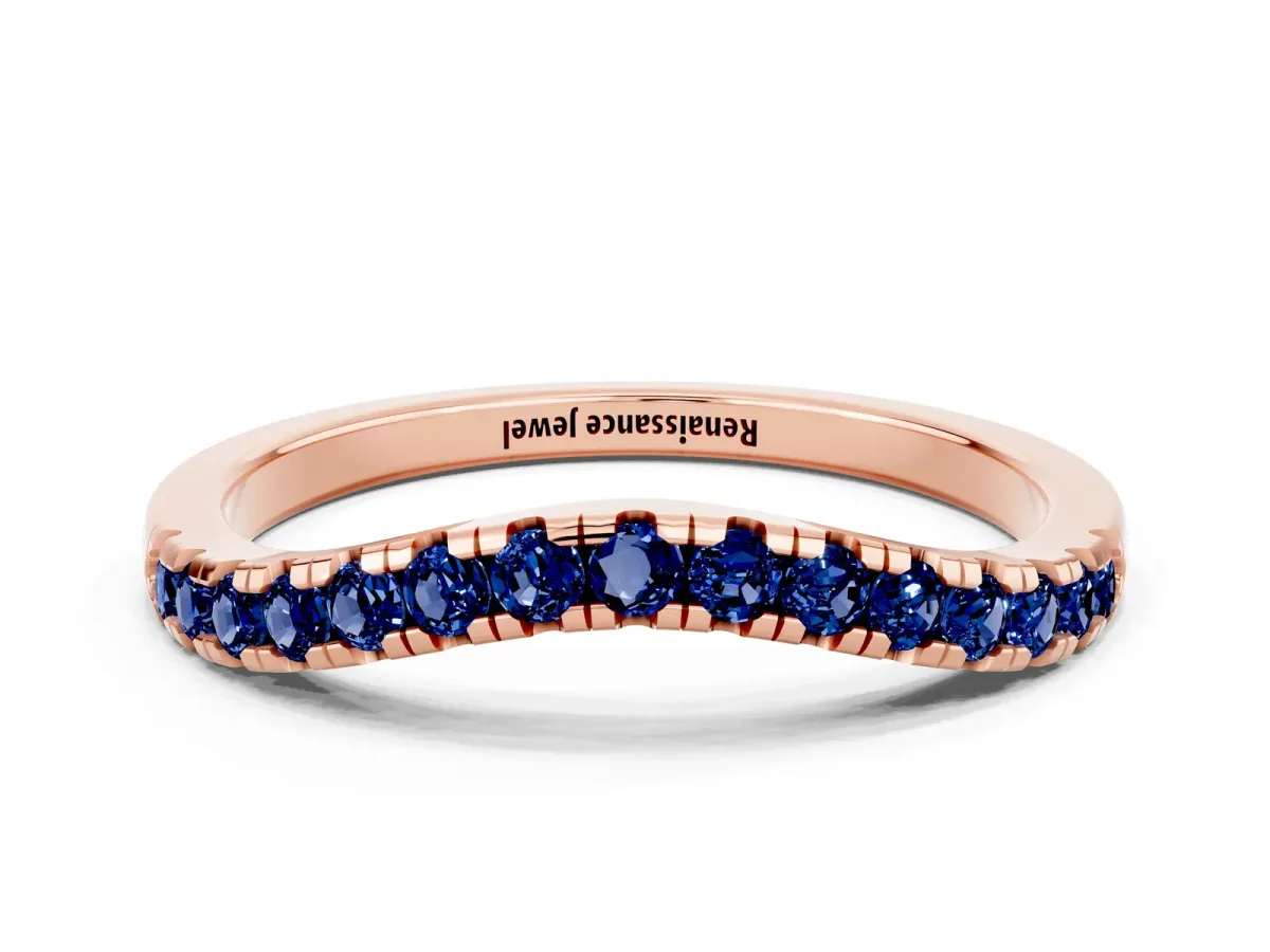 Blue Sapphire Pavé Curved Wedding Band Rose gold