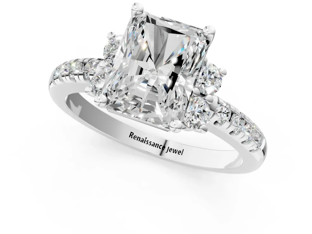 Radiant Cut Diamond Three-Stone Pave Band with Four-Prong Setting Platinum