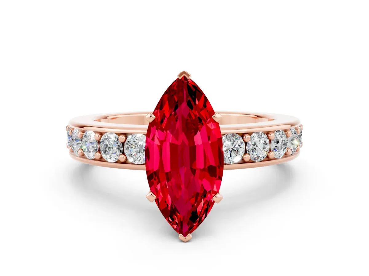 Marquise Cut Ruby Engagement Ring with Channel Set Round Band and Prong Setting Rose gold