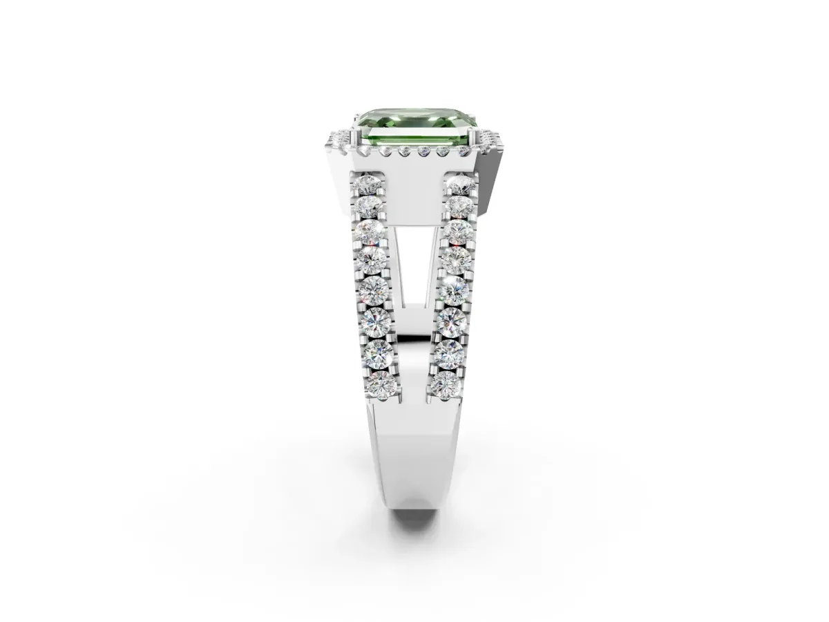 Fancy Green Asscher Cut Cut Halo Split Shank Diamond Ring with Four-Prong Setting Platinum
