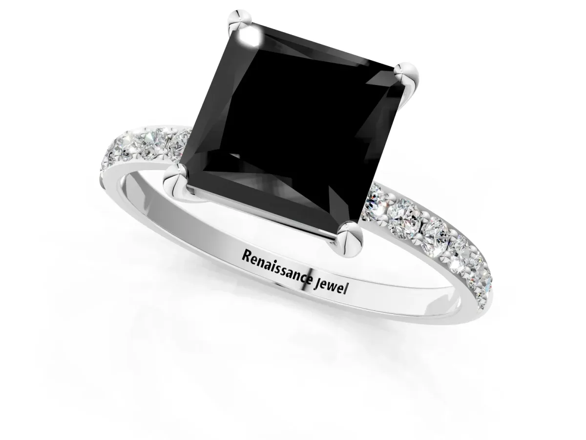 Fancy Black Princess Cut Diamond Solitaire Ring with Round Pavé Band and Prong Setting Silver