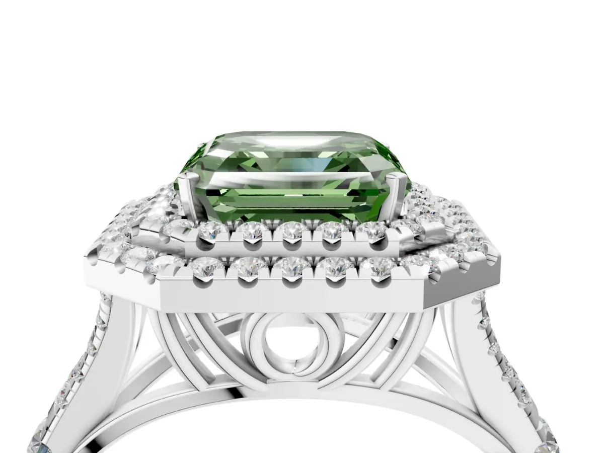 Fancy Green Asscher Cut Diamond Double Halo Ring with Split Shank and Prong Setting Silver