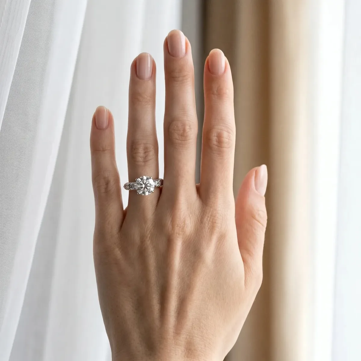 Round Cut Solitaire Floral Milgrain Engagement Ring Silver