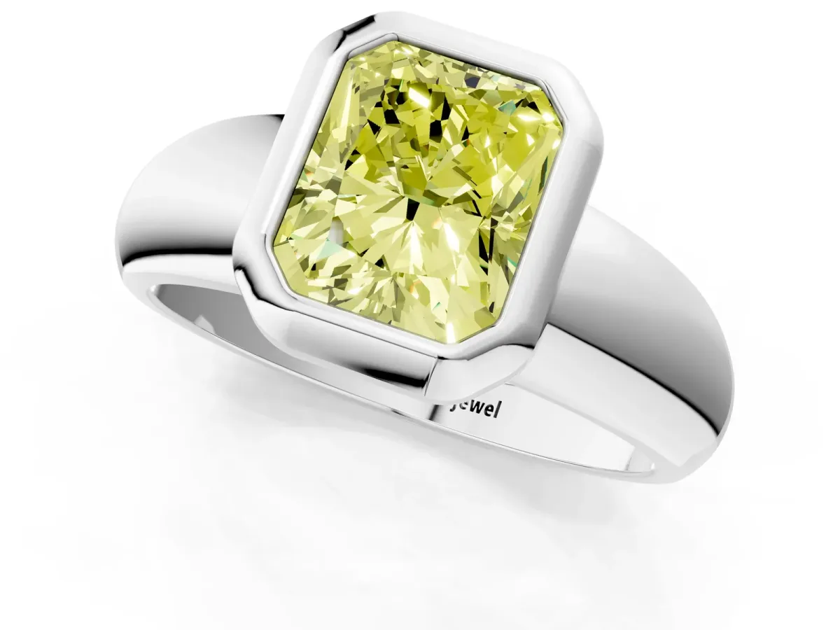 Fancy Yellow Bezel Set Radiant Cut Solitaire Ring with Wide Band Platinum