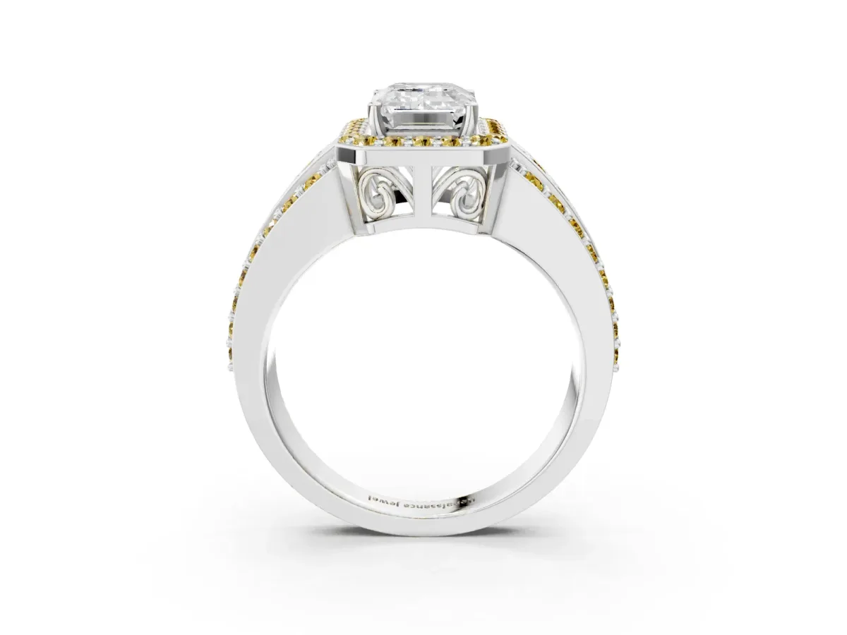Emerald Cut Halo Diamond Ring with Round Yellow Sapphire Split Shank and Prong Setting Silver