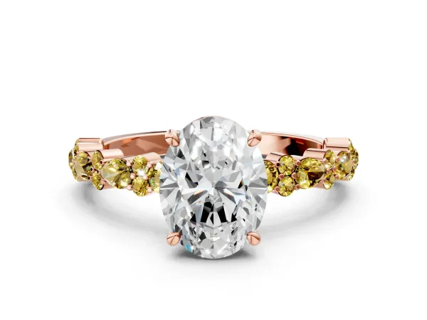 Oval Cut Diamond Side Stone Solitaire Ring with Round Yellow Sapphire and Four-Prong Setting Rose gold