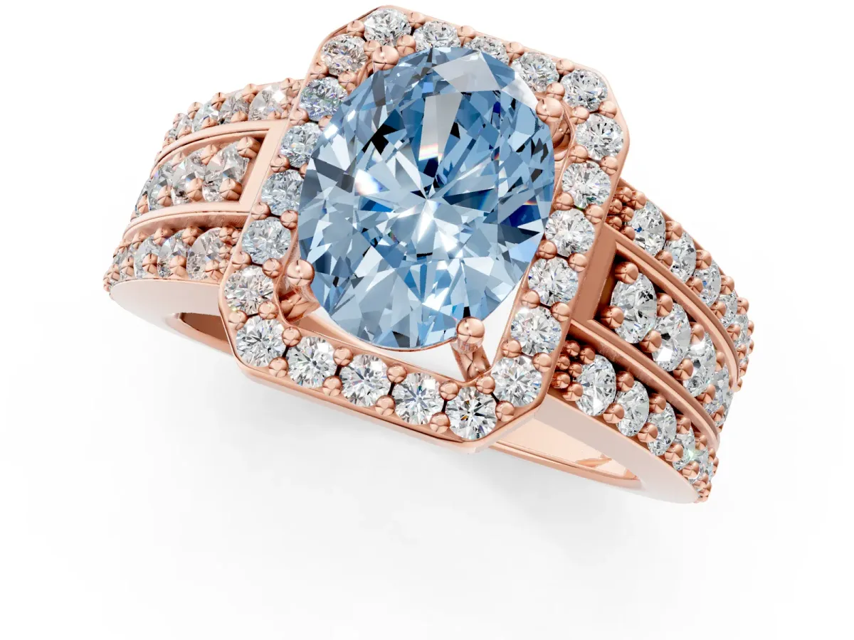 Fancy Blue Oval Cut Halo Diamond Ring with Round Split Shank and Prong Setting Rose gold
