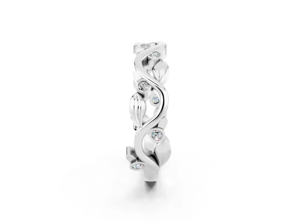 Round Moissanite Leaf Eternity Band with Bezel Setting White gold
