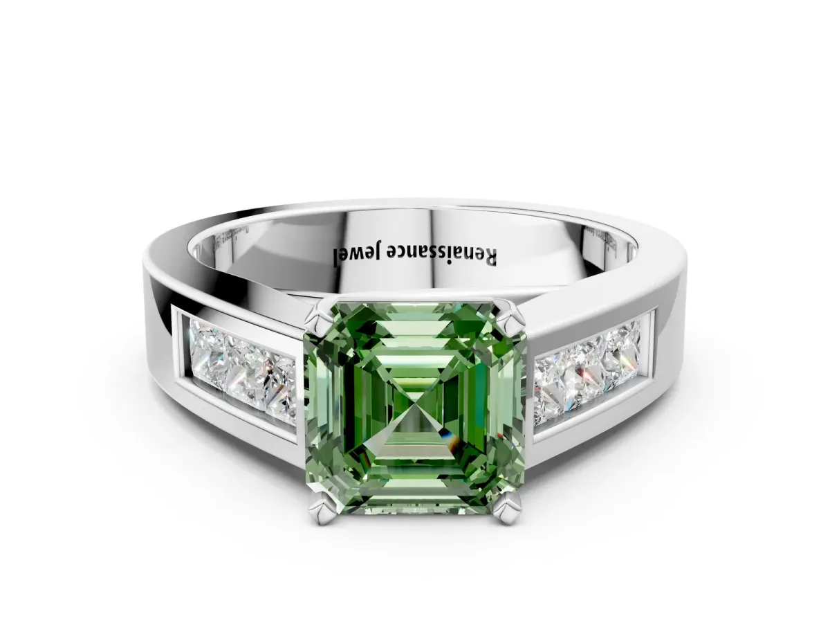Fancy Green Asscher Cut Cut Channel Set Solitaire Ring with Four-Prong Setting Silver