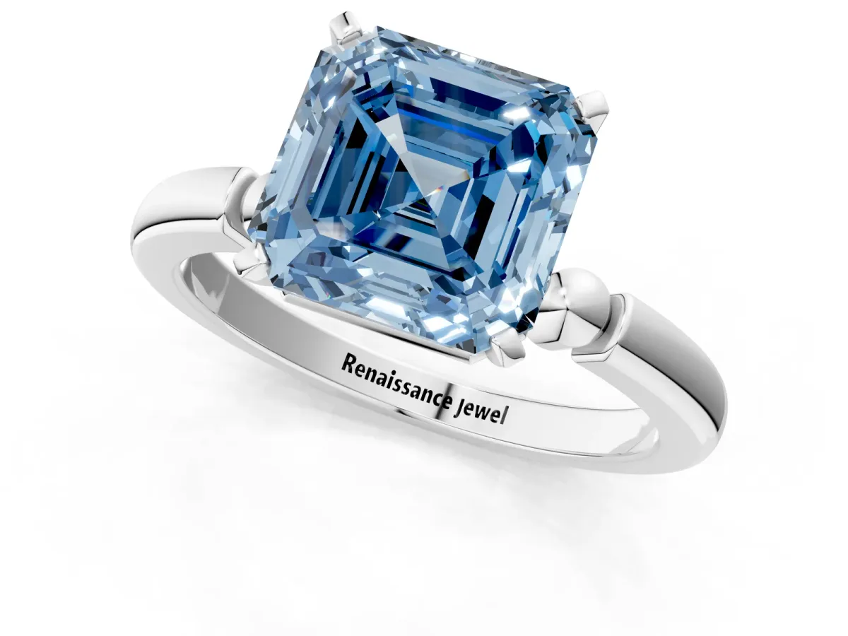 Fancy Blue Asscher Cut Solitaire Beaded Band with Four-Prong Setting Platinum