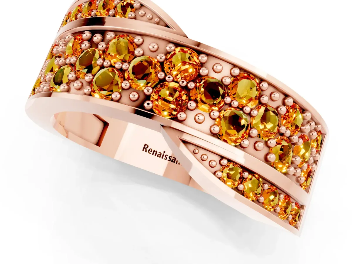 Pavé Round Citrine Crossover Band with Bead Prong Setting Rose gold