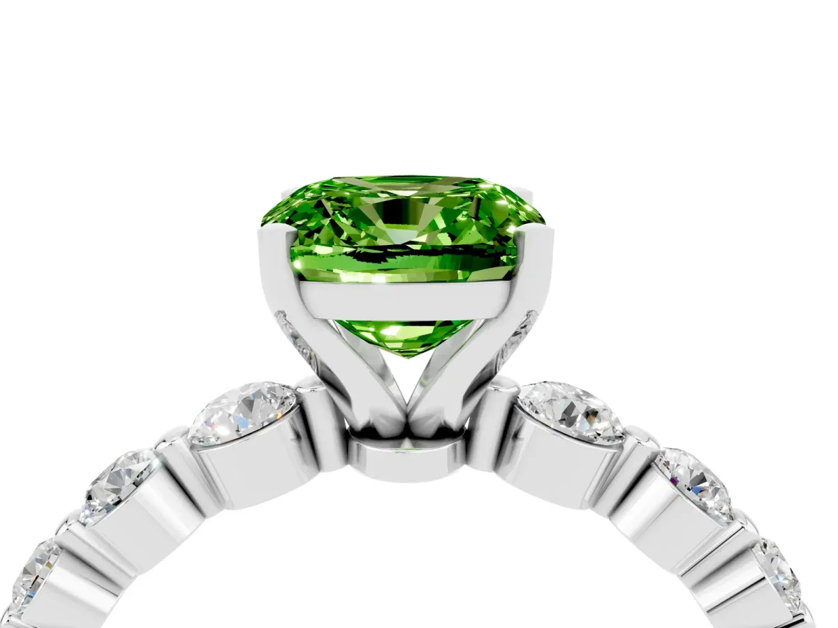 Cushion Cut Solitaire Peridot Ring with Pave Band and Four-Prong Setting Platinum