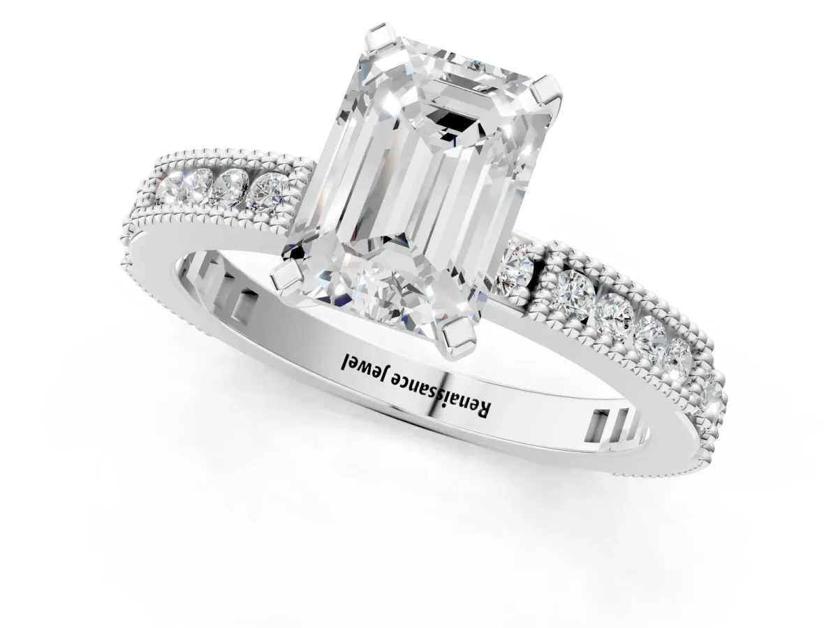 Emerald Cut Solitaire with Pavé Band and Four-Prong Setting Silver