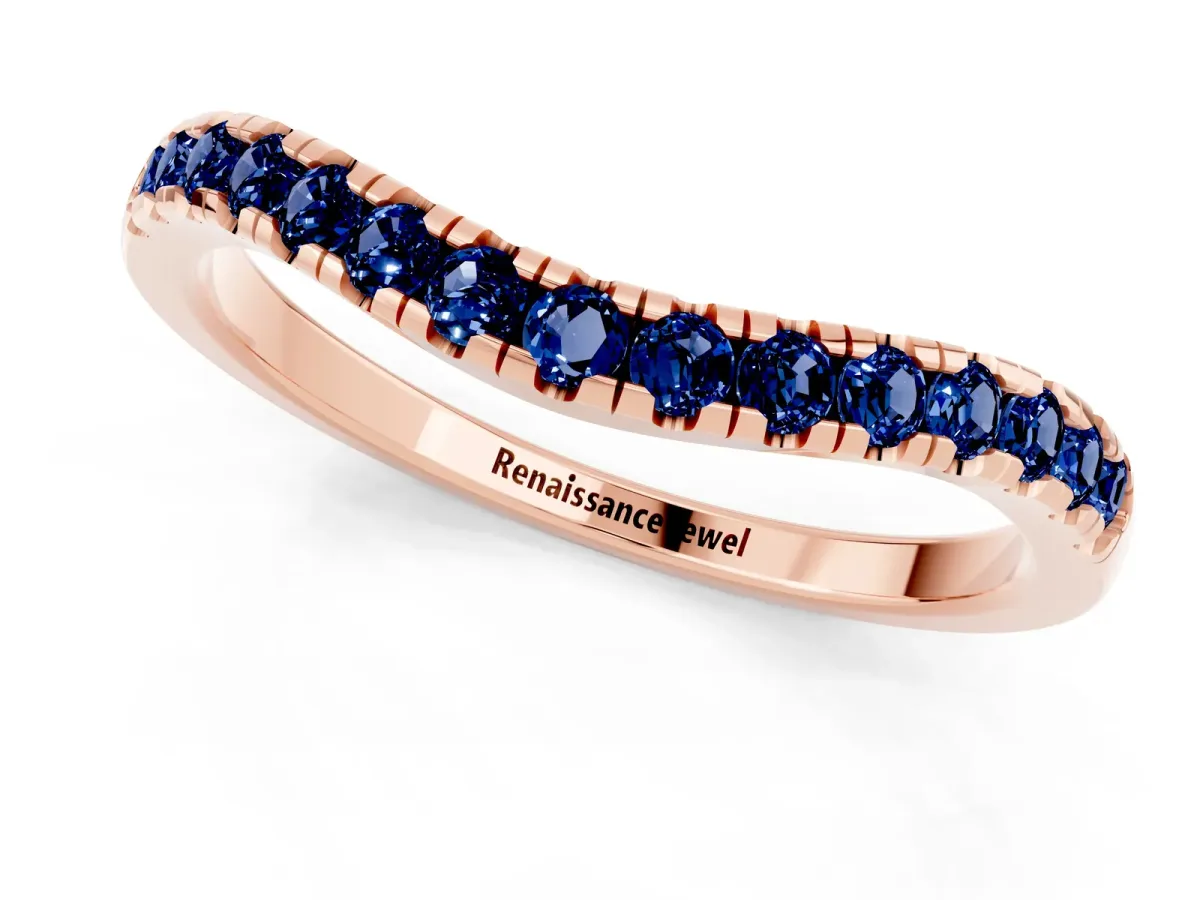 Blue Sapphire Pavé Curved Wedding Band Rose gold