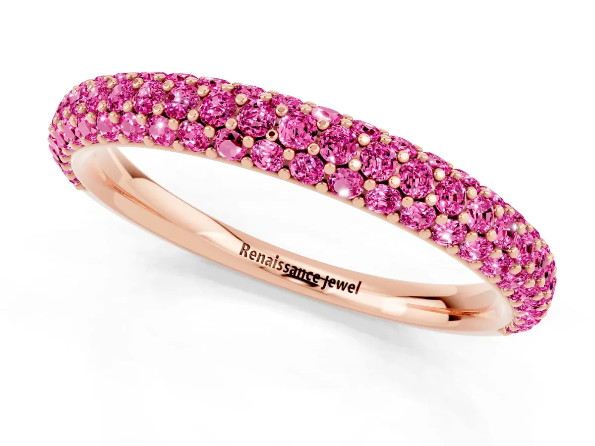Round Pink Sapphire Pavé Eternity Band with Shared Prong Setting Rose gold