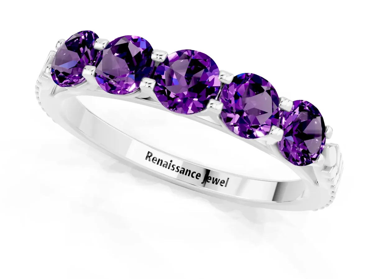 Five-Stone Round Amethyst Prong-Set Band Platinum