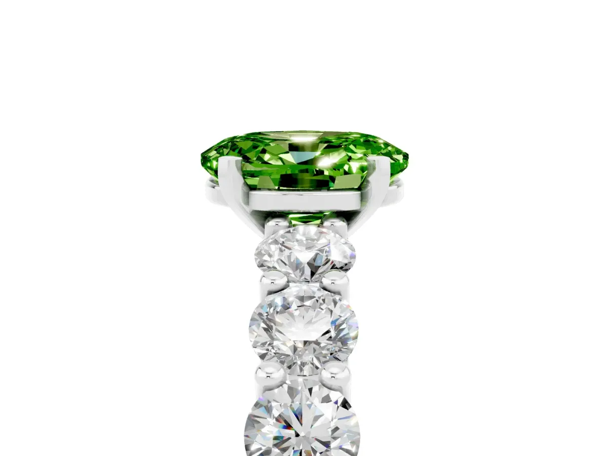 Oval Cut Peridot Prong Setting with Side Stones on a Pave Band Platinum