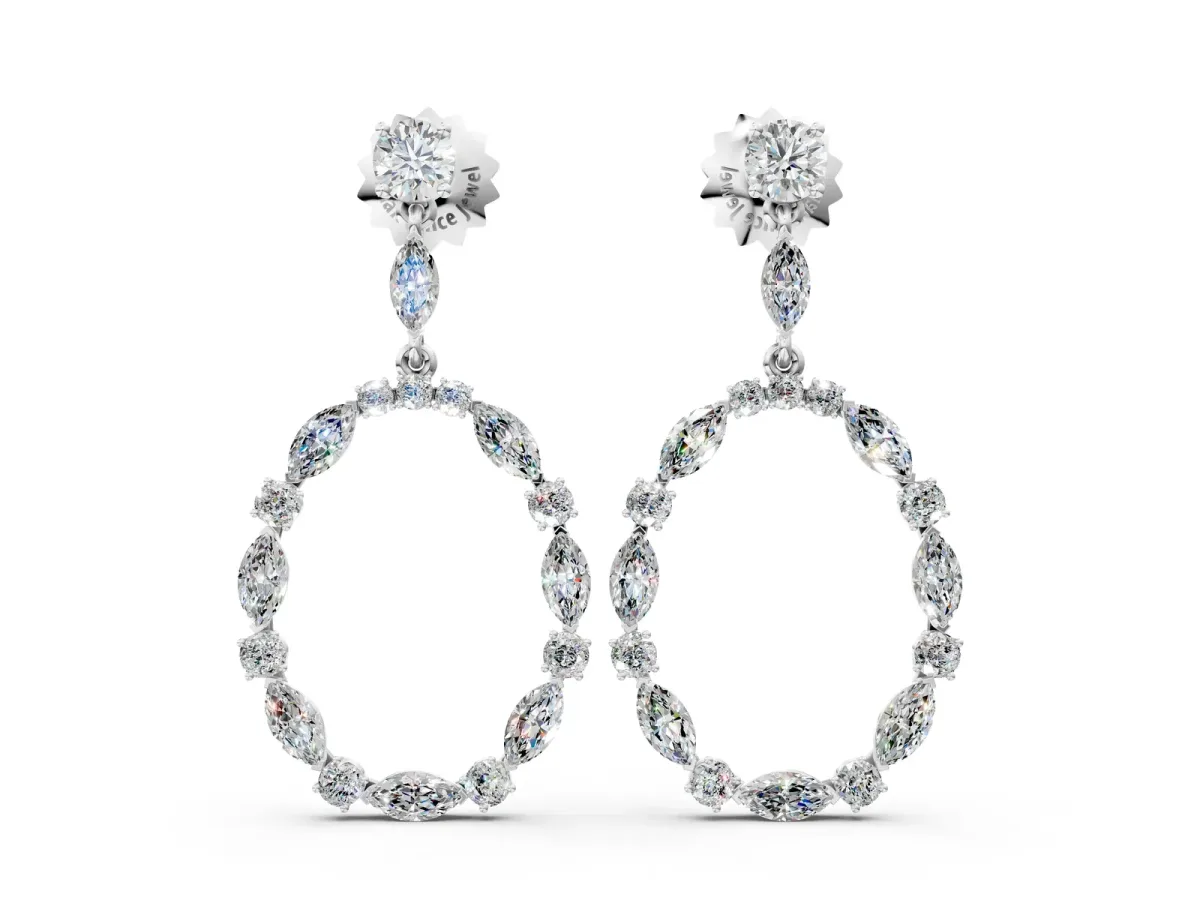 Round and Marquise Diamond Open Oval Drop Earrings Platinum