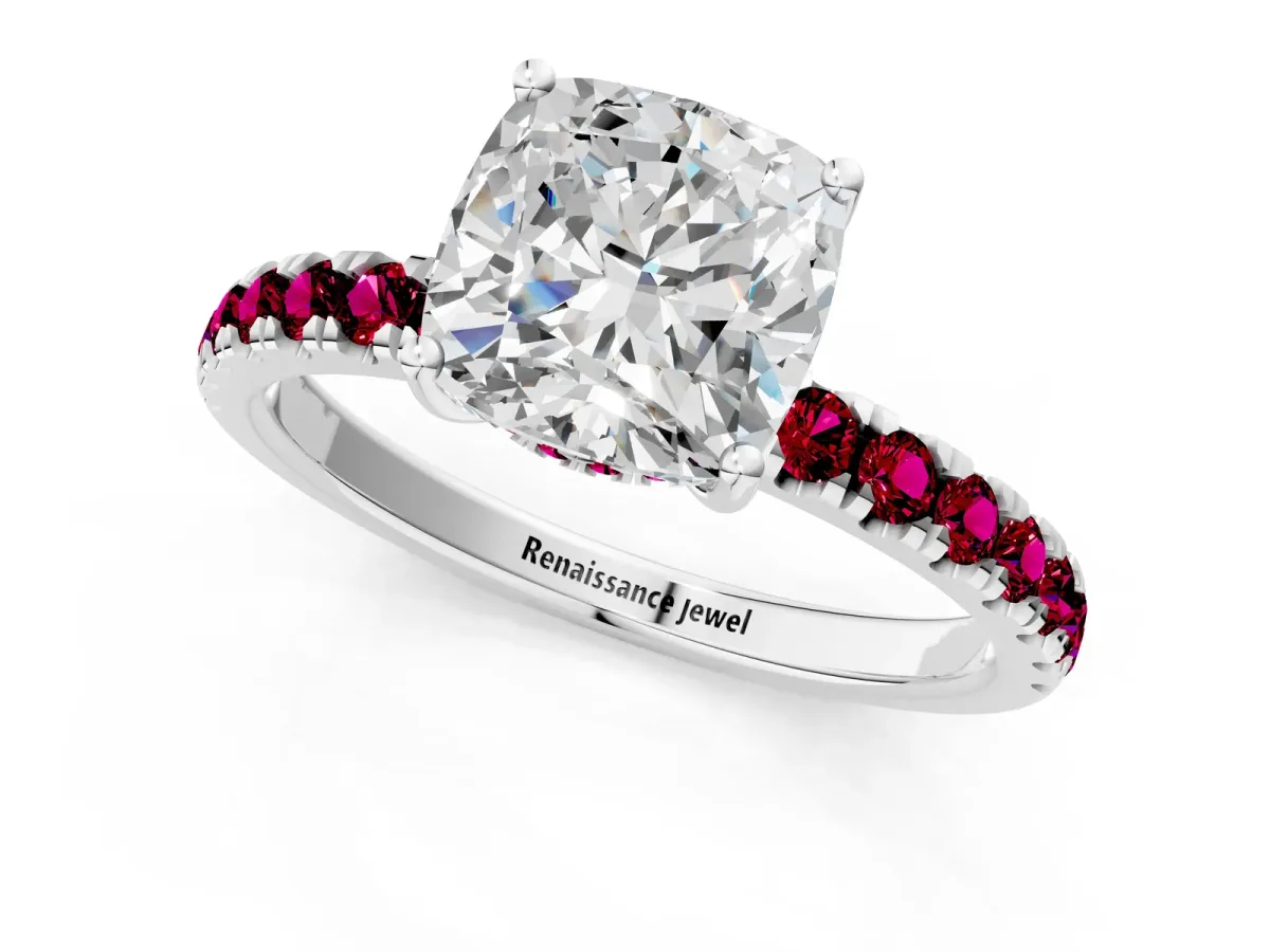 Cushion Cut Diamond Pave Band Solitaire Ring with Round Garnet and Prong Setting Silver