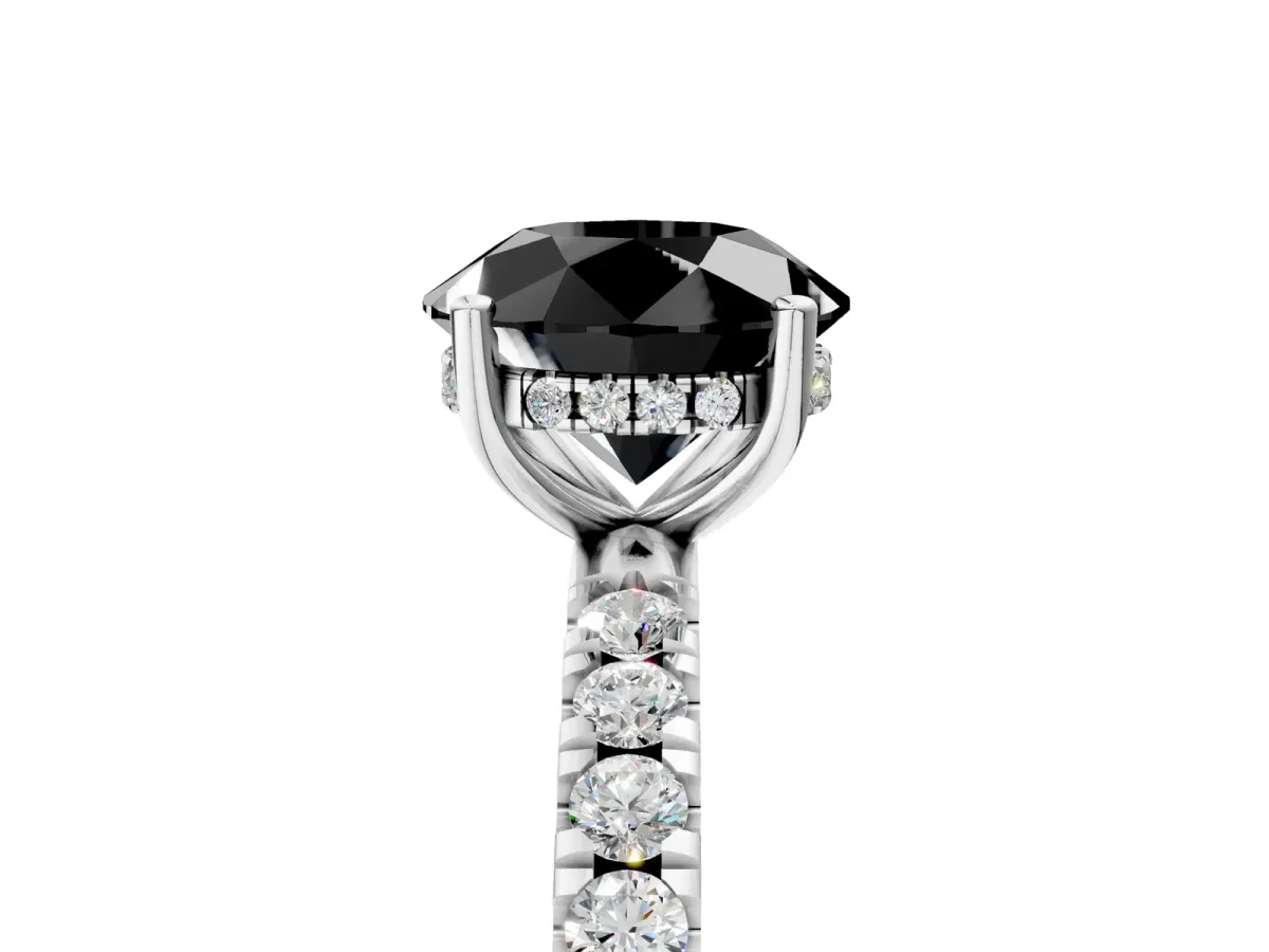 Fancy Black Round Cut Diamond Pave Band Solitaire Ring with Round and Prong Setting Silver